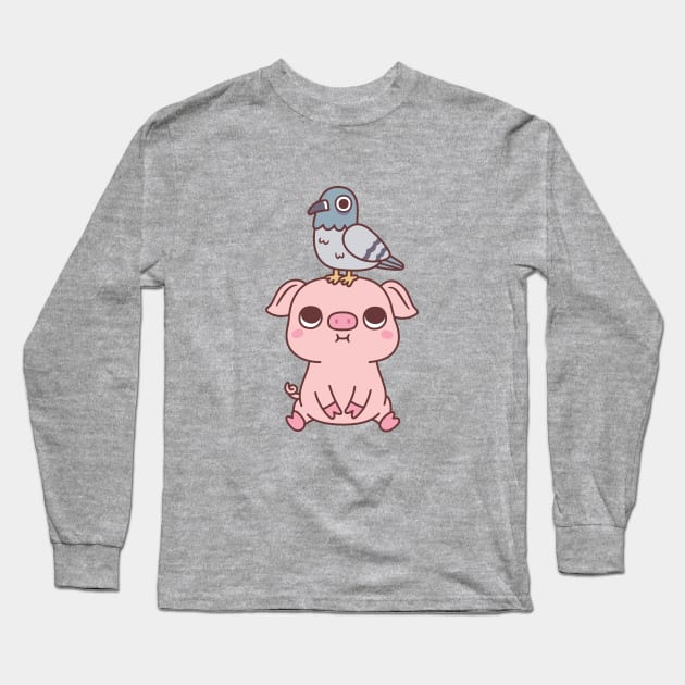 Cute Pigeon On Pig Doodle Long Sleeve T-Shirt by rustydoodle